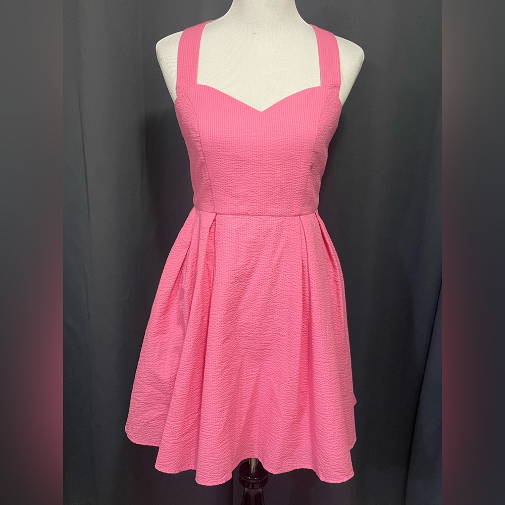 Lauren James Livingston Seersucker Dress Bow Back Pink Size Medium Pockets